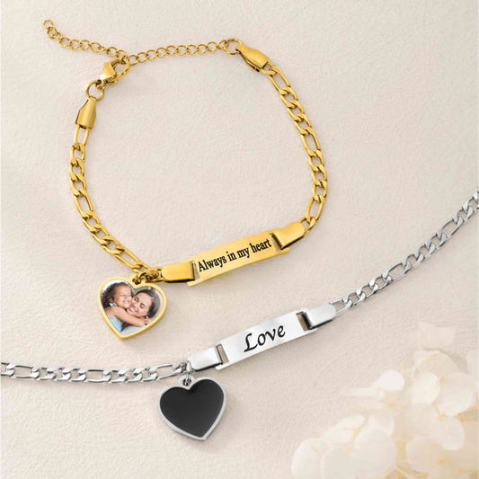 Personalized Heat-Activated Heart Charm Hidden Photo Bracelet with Engraved Text