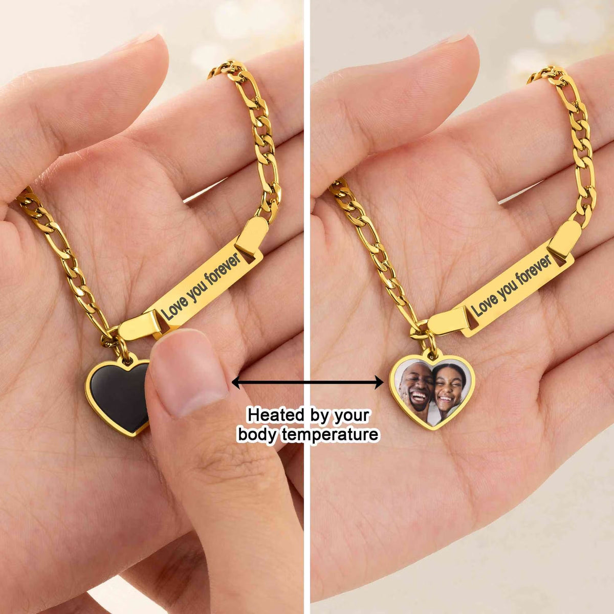 Personalized Heat-Activated Heart Charm Hidden Photo Bracelet with Engraved Text