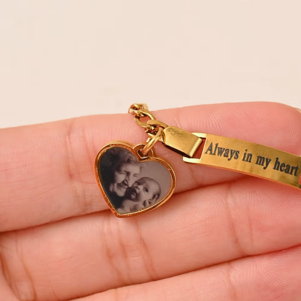 Personalized Heat-Activated Heart Charm Hidden Photo Bracelet with Engraved Text
