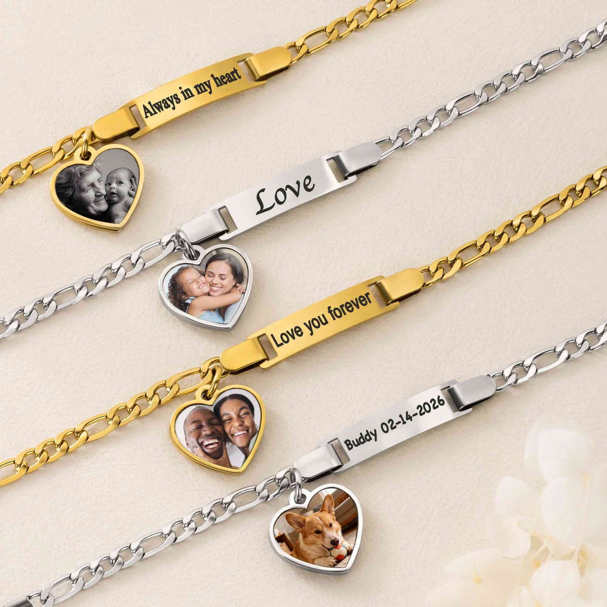 Personalized Heat-Activated Heart Charm Hidden Photo Bracelet with Engraved Text